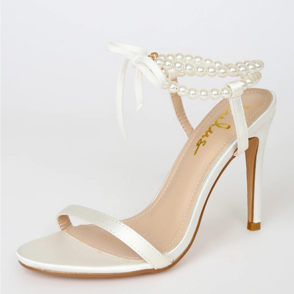 Letzy White Satin Pearl Lace-Up High Heel Sandals